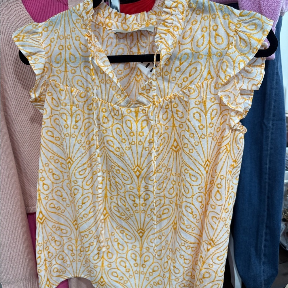 LOFT Yellow and White Patterned Blouse with Ruffle Sleeves